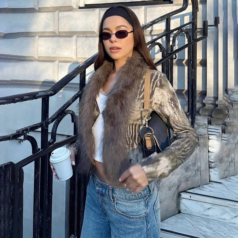 Chic Faux Fur Trimmed Patchwork Long-Sleeve Top for Bold Winter Style
