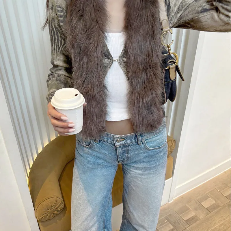Chic Faux Fur Trimmed Patchwork Long-Sleeve Top for Bold Winter Style