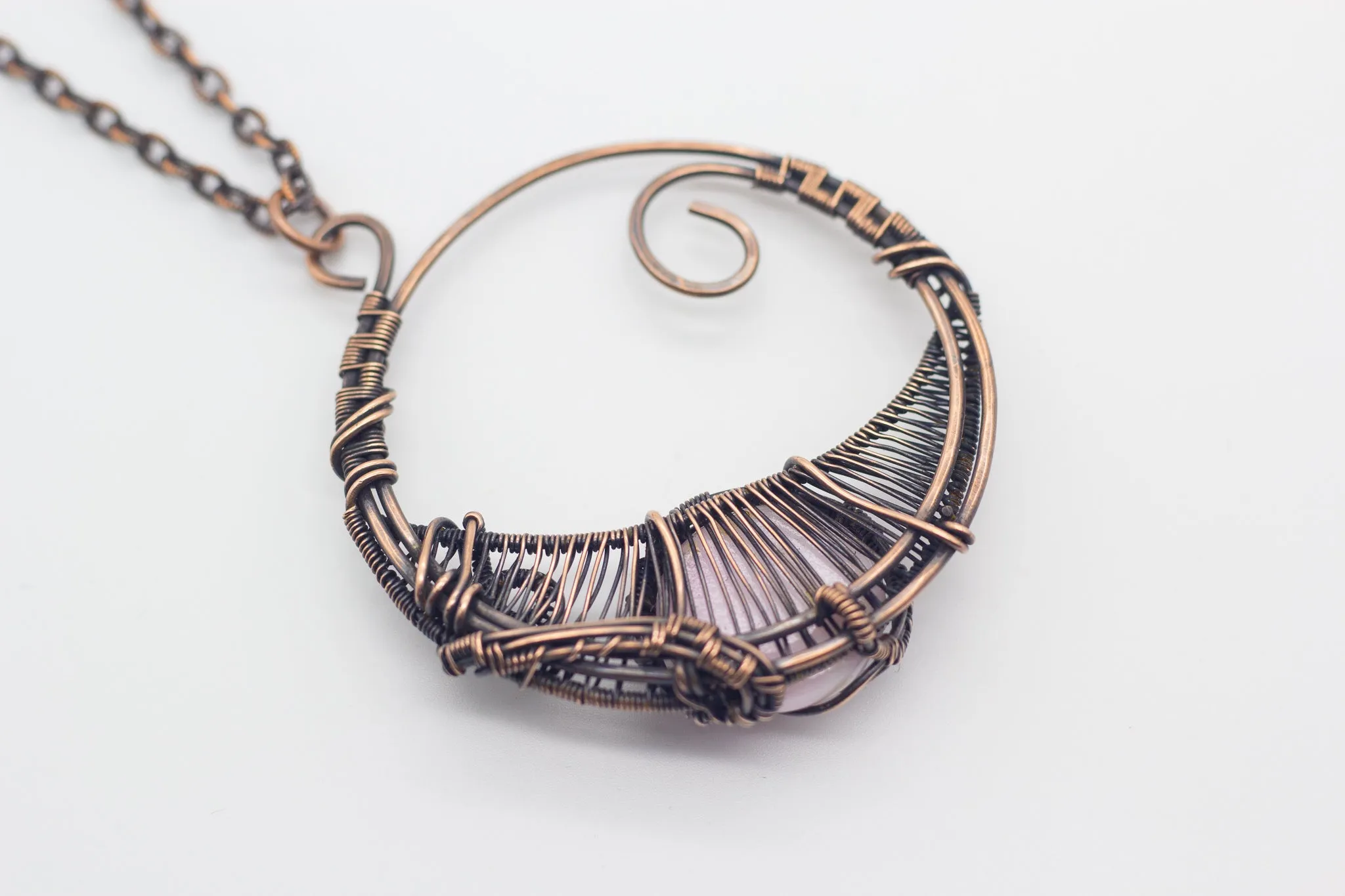 Circular Copper Wire Wrapped Pendant with Light Pink Fused Glass