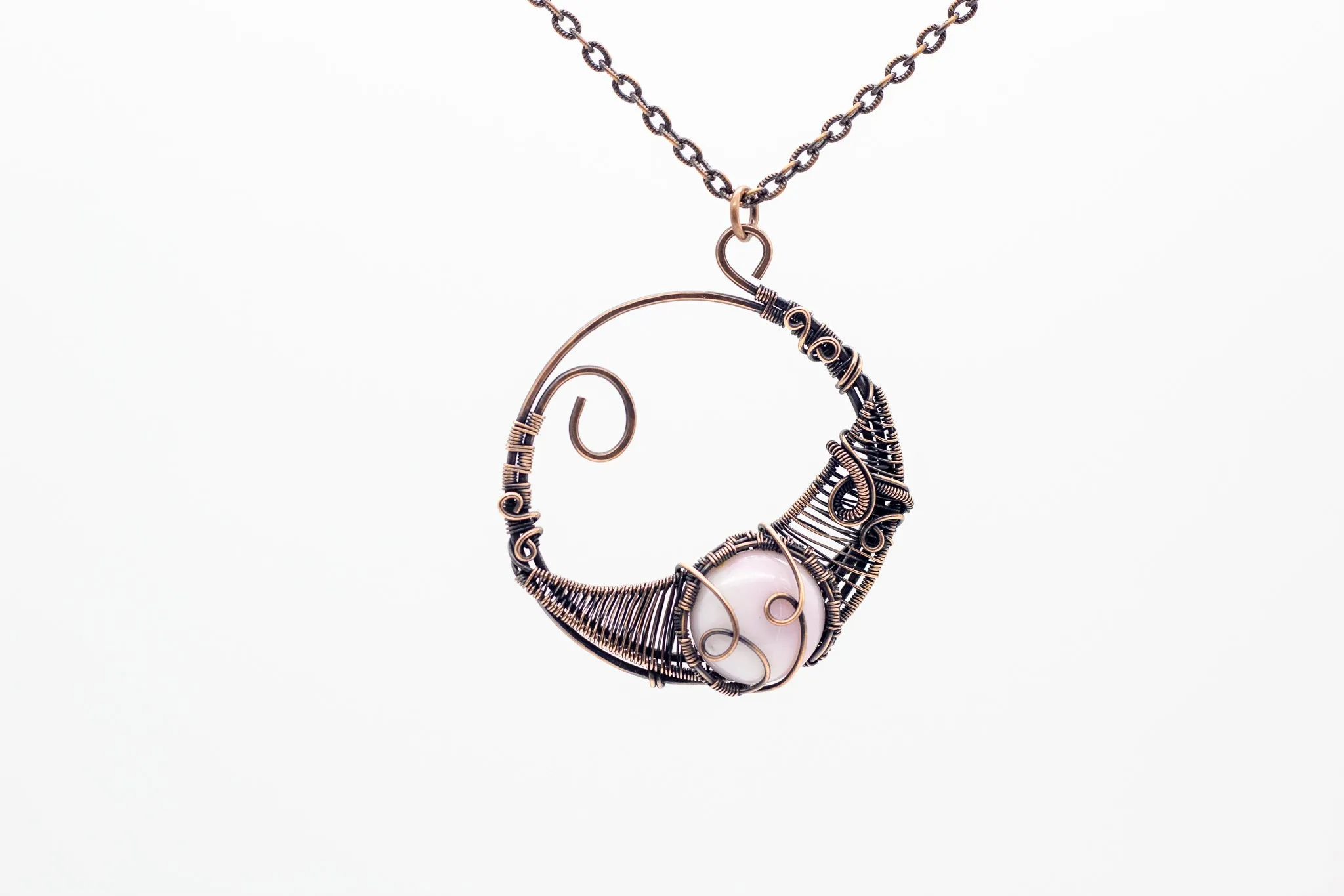 Circular Copper Wire Wrapped Pendant with Light Pink Fused Glass