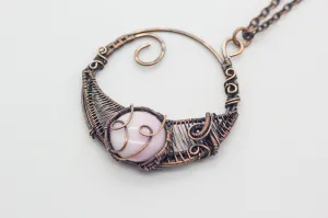 Circular Copper Wire Wrapped Pendant with Light Pink Fused Glass