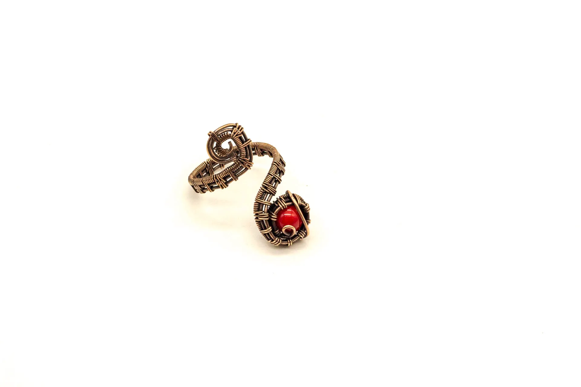 Copper Adjustable Ring with Bright Red Fused Glass Accent