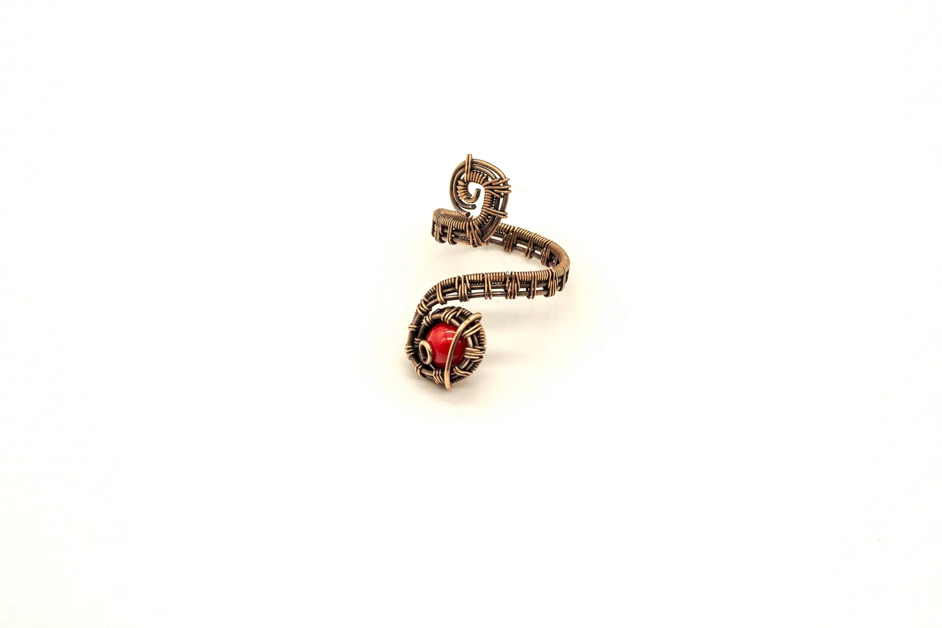 Copper Adjustable Ring with Bright Red Fused Glass Accent