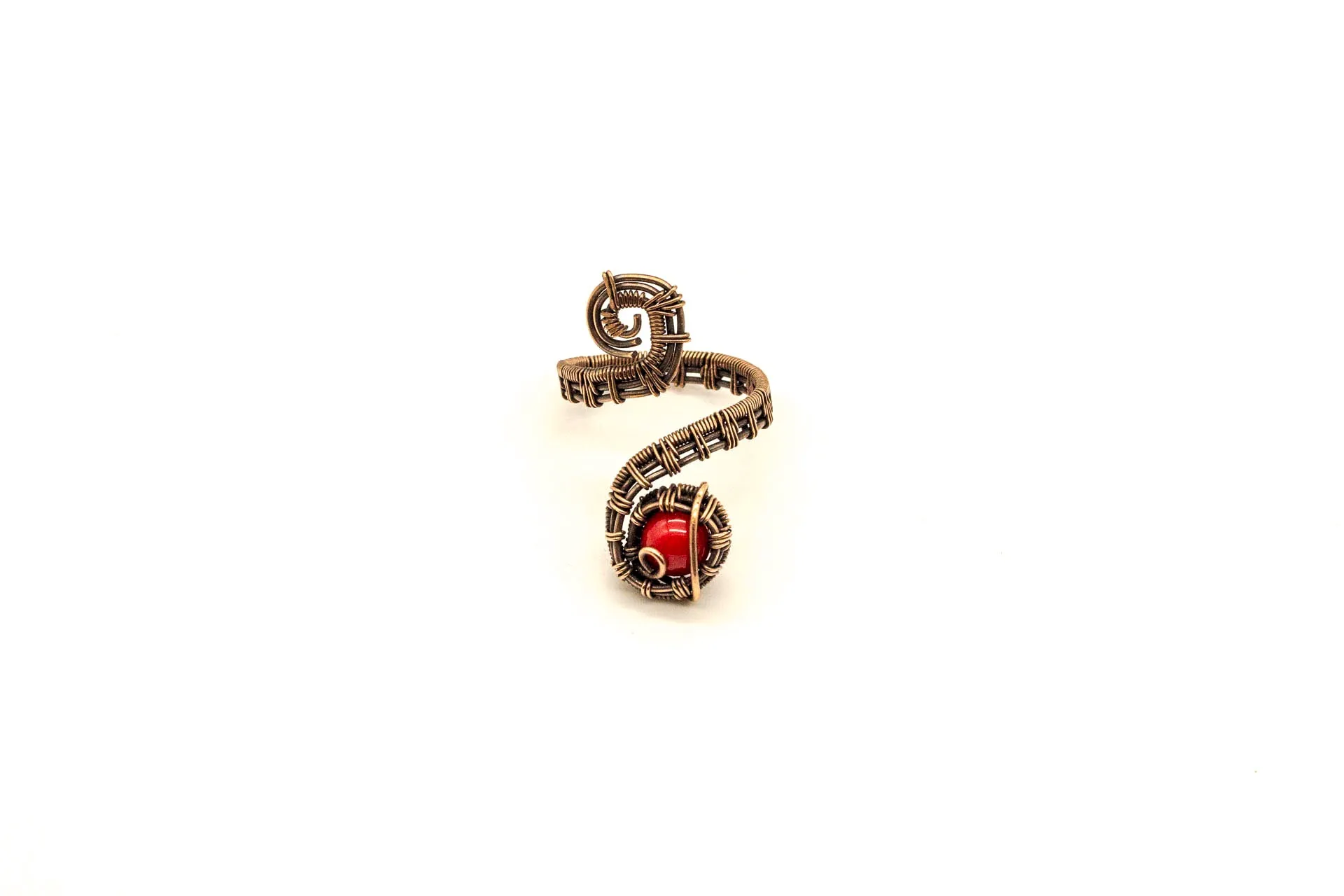 Copper Adjustable Ring with Bright Red Fused Glass Accent