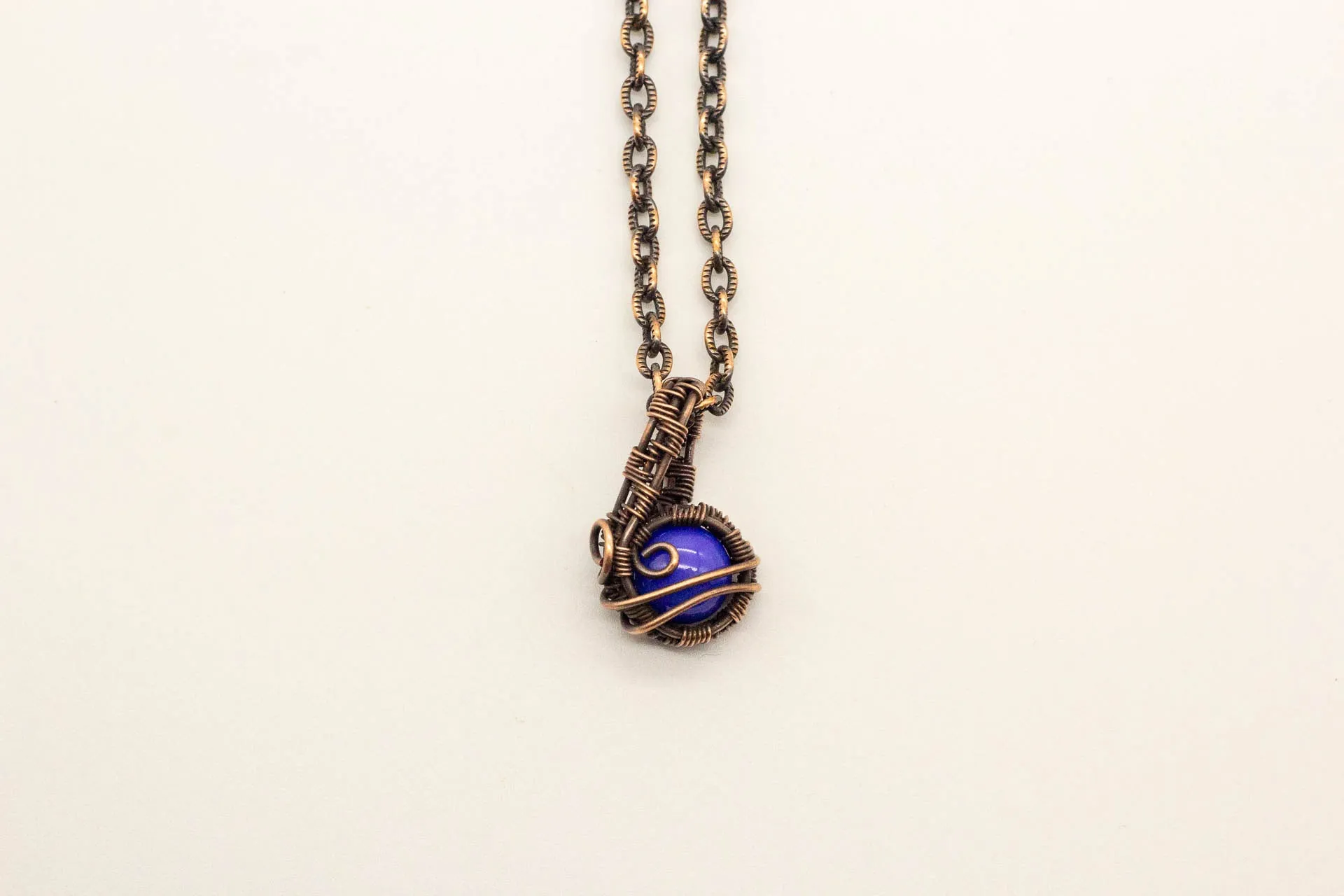 Copper Mini Pendant with Bright Blue Fused Glass Accent
