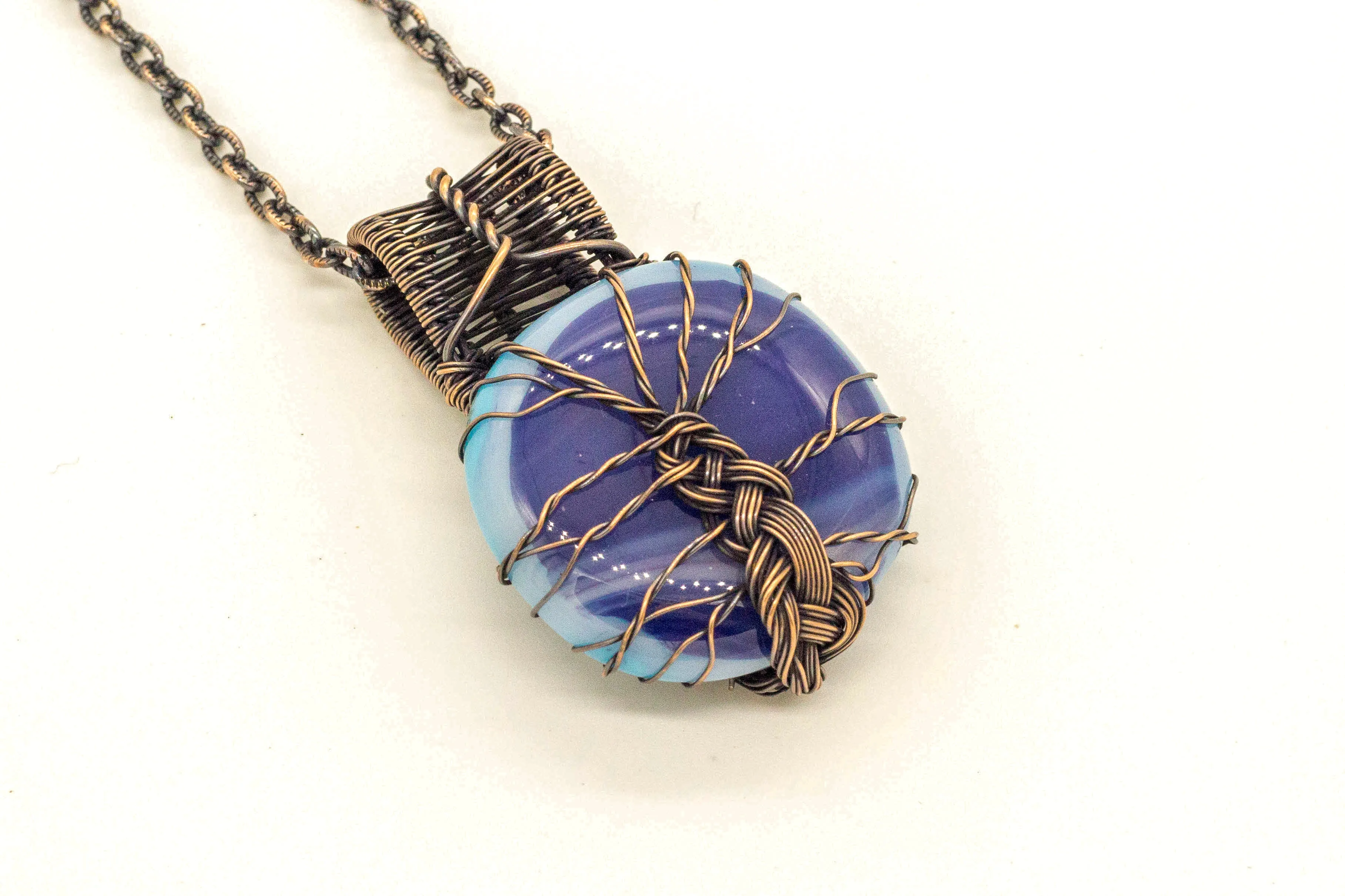 Copper Tree of Life Pendant with Streaked Blue Fused Glass