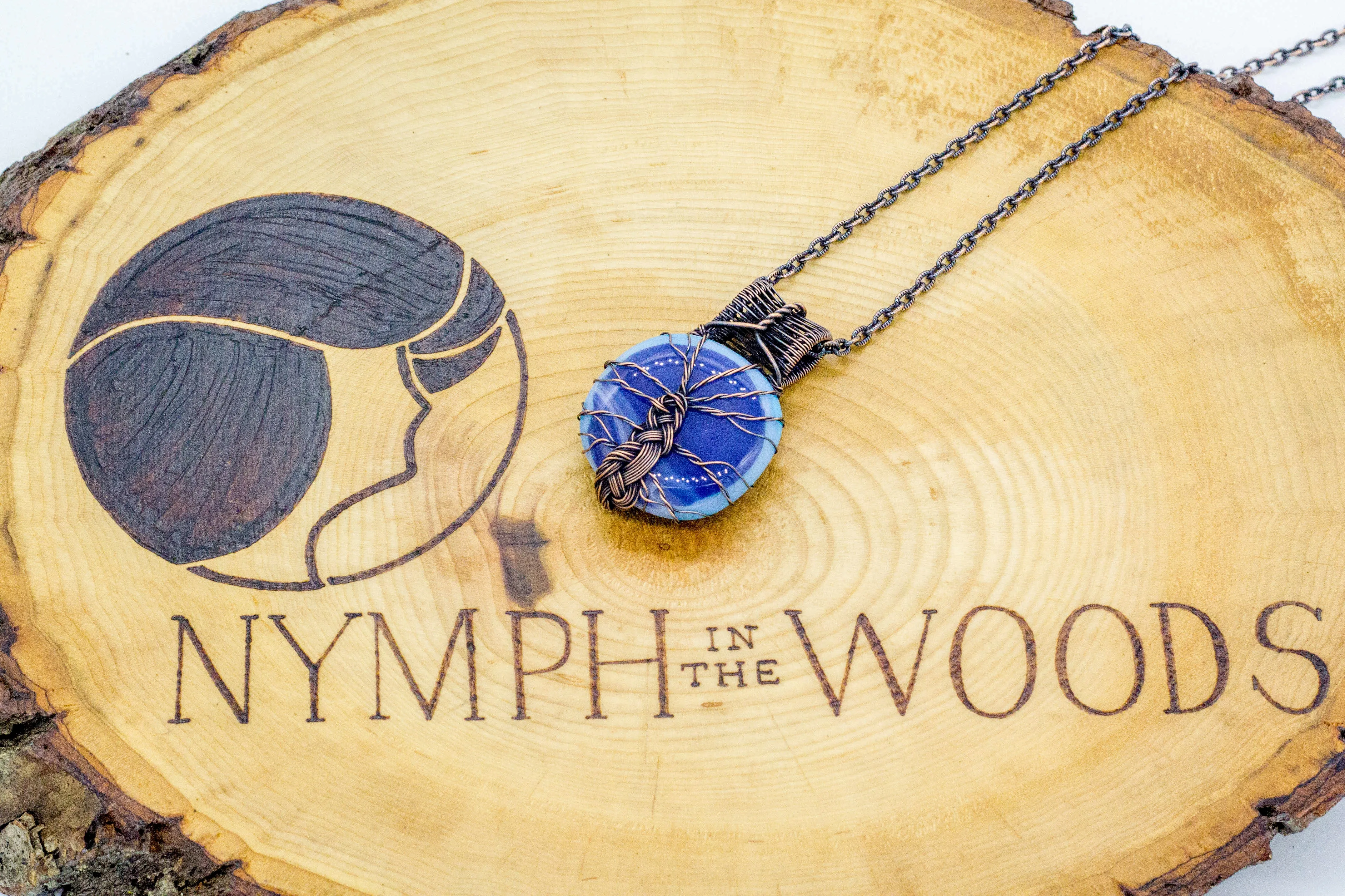 Copper Tree of Life Pendant with Streaked Blue Fused Glass
