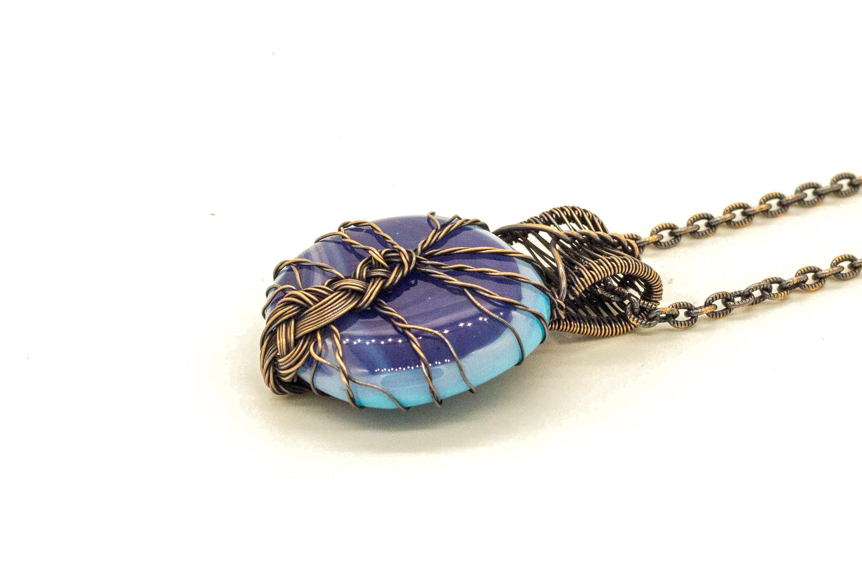 Copper Tree of Life Pendant with Streaked Blue Fused Glass