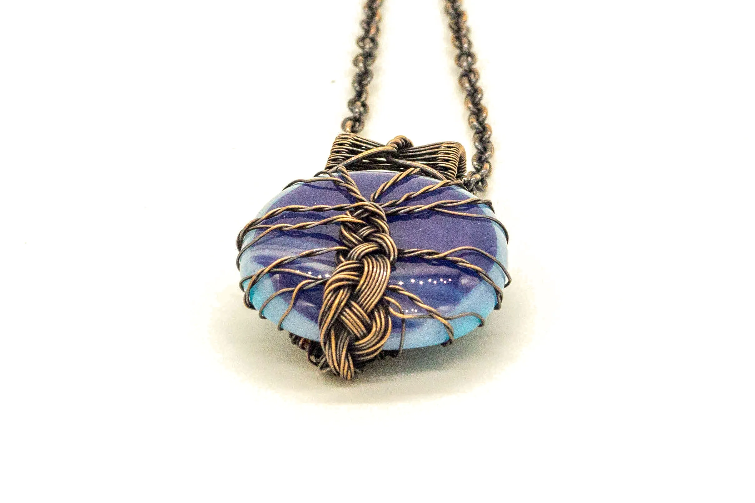 Copper Tree of Life Pendant with Streaked Blue Fused Glass