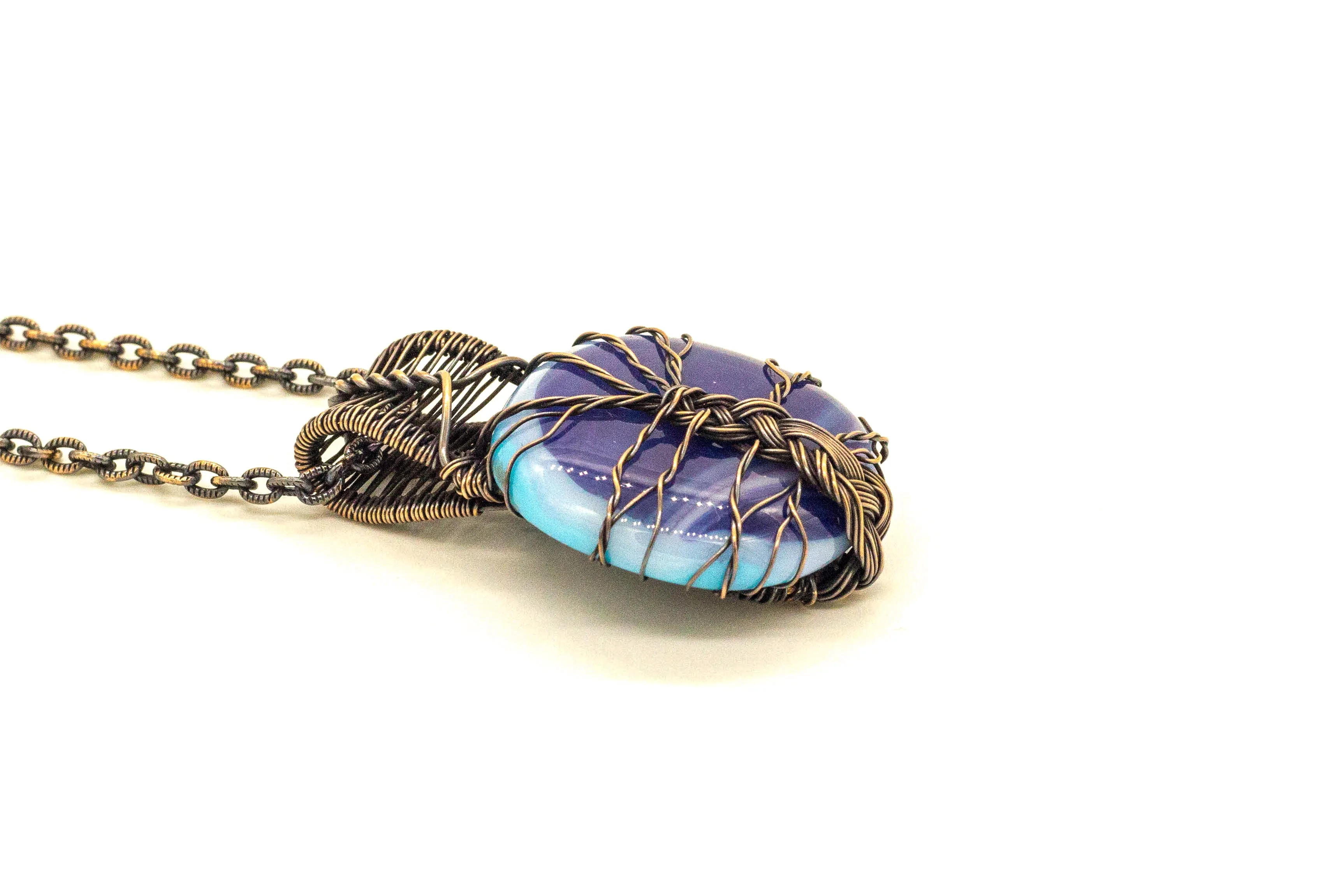 Copper Tree of Life Pendant with Streaked Blue Fused Glass