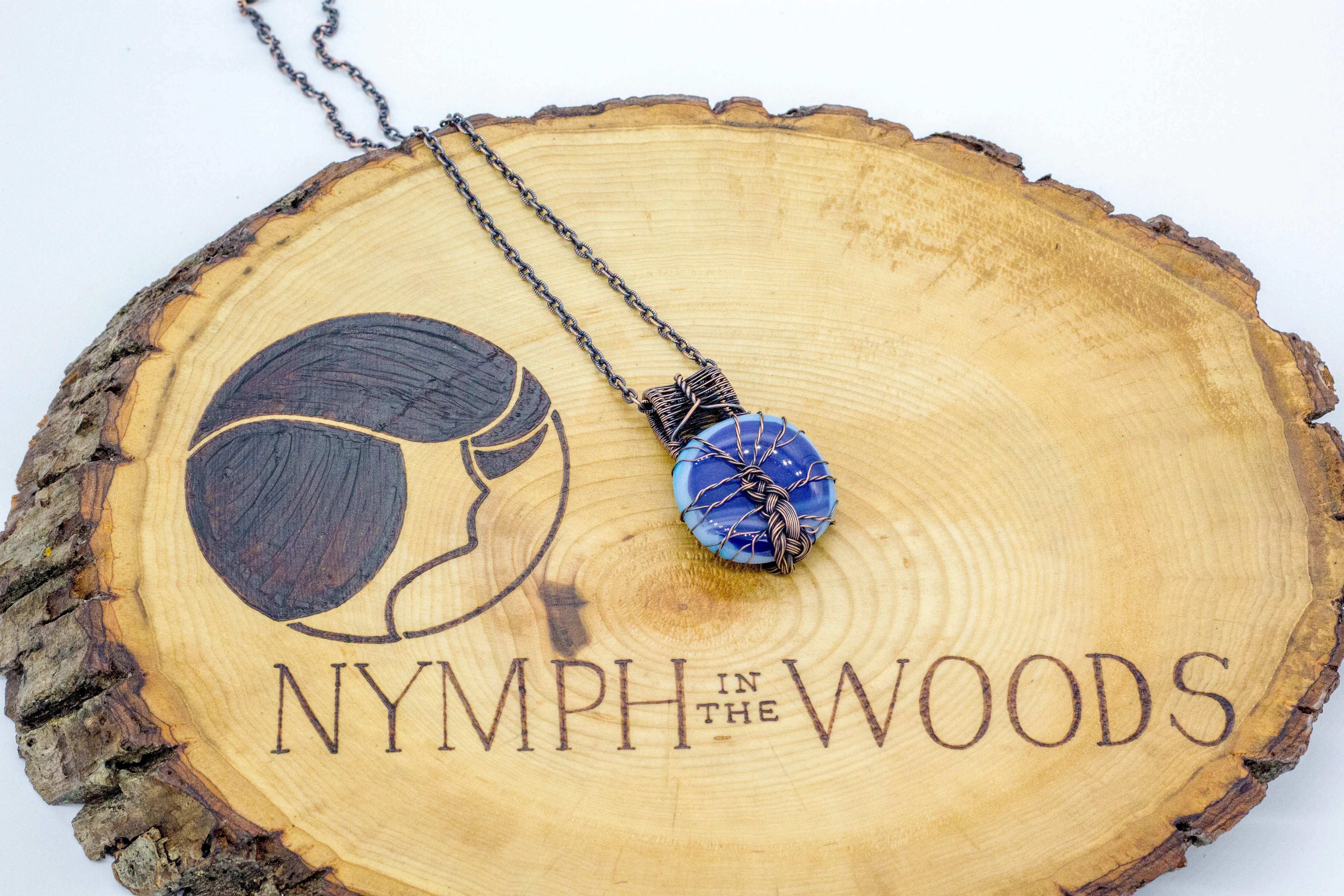 Copper Tree of Life Pendant with Streaked Blue Fused Glass