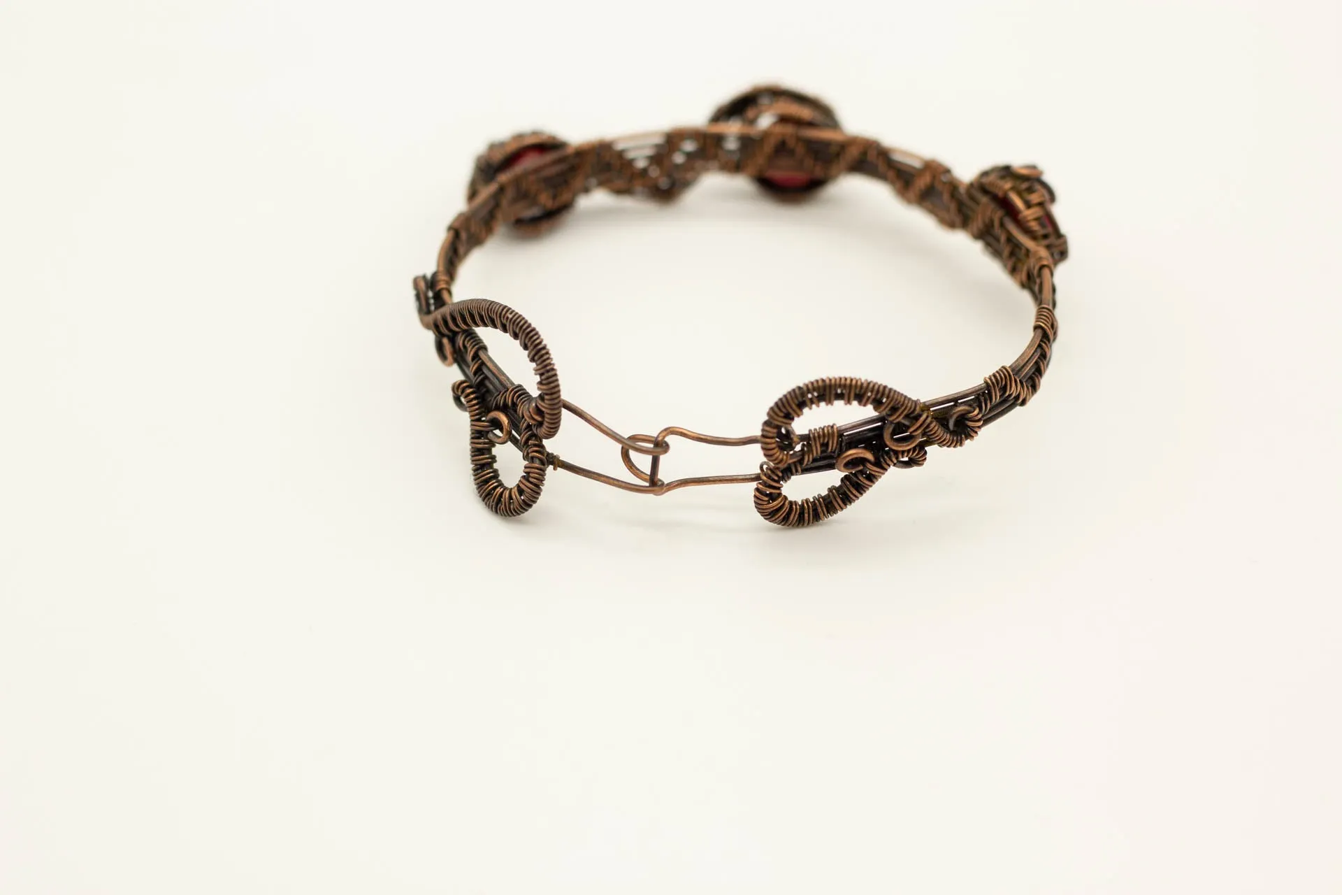 Copper Wire Wrapped Bracelet with Bright Red Fused Glass Accents