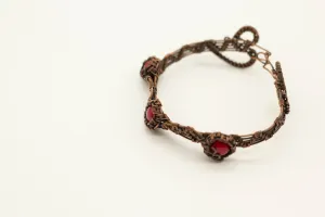Copper Wire Wrapped Bracelet with Bright Red Fused Glass Accents