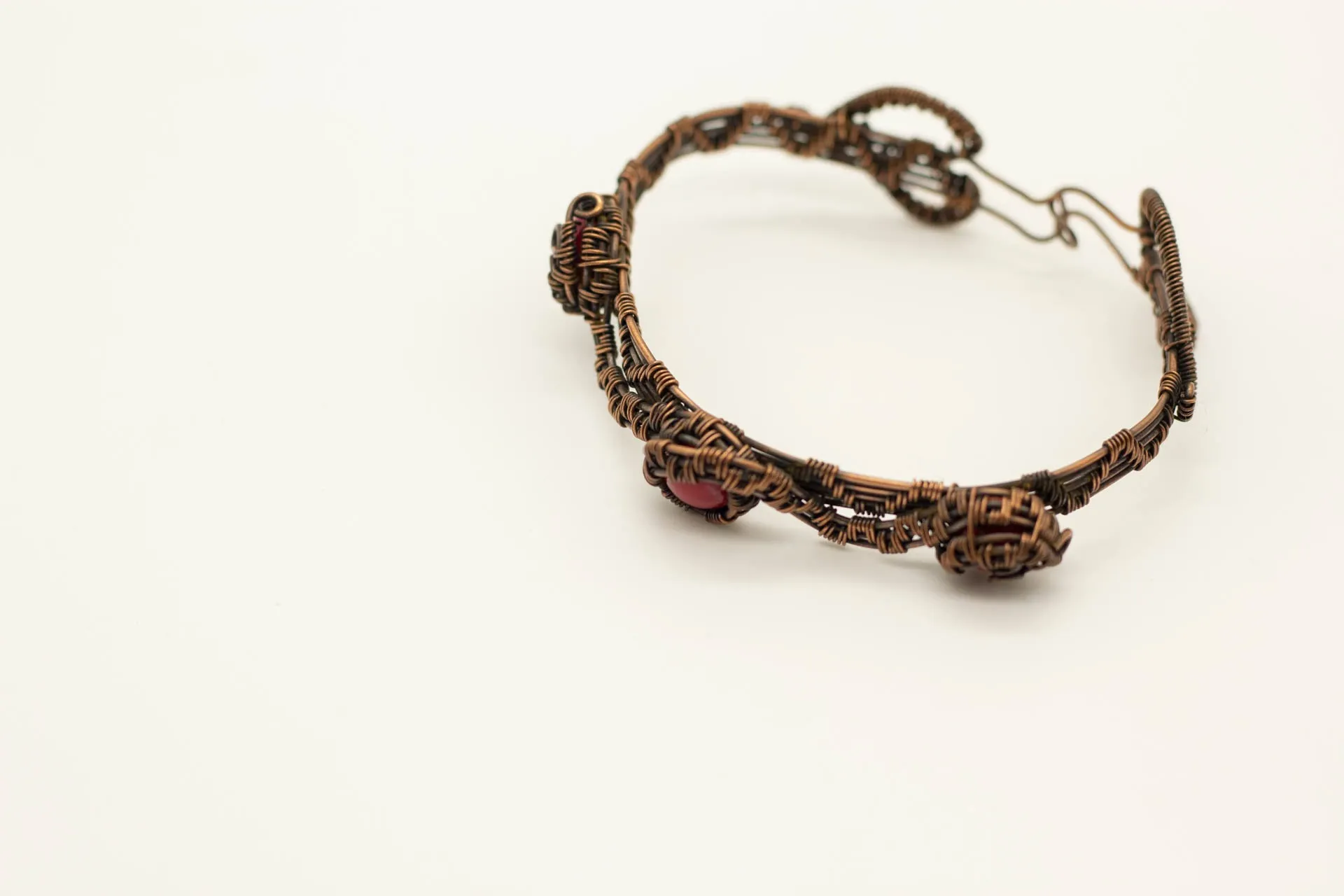 Copper Wire Wrapped Bracelet with Bright Red Fused Glass Accents