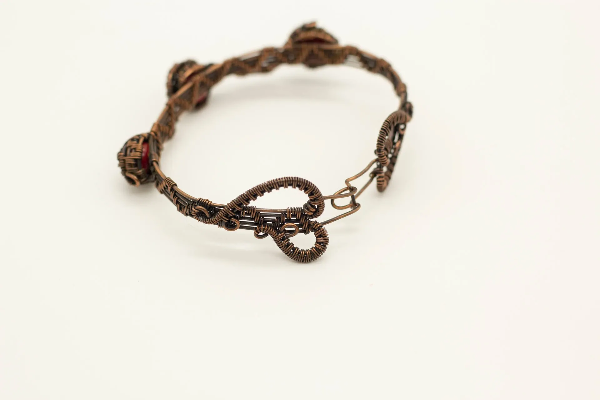 Copper Wire Wrapped Bracelet with Bright Red Fused Glass Accents