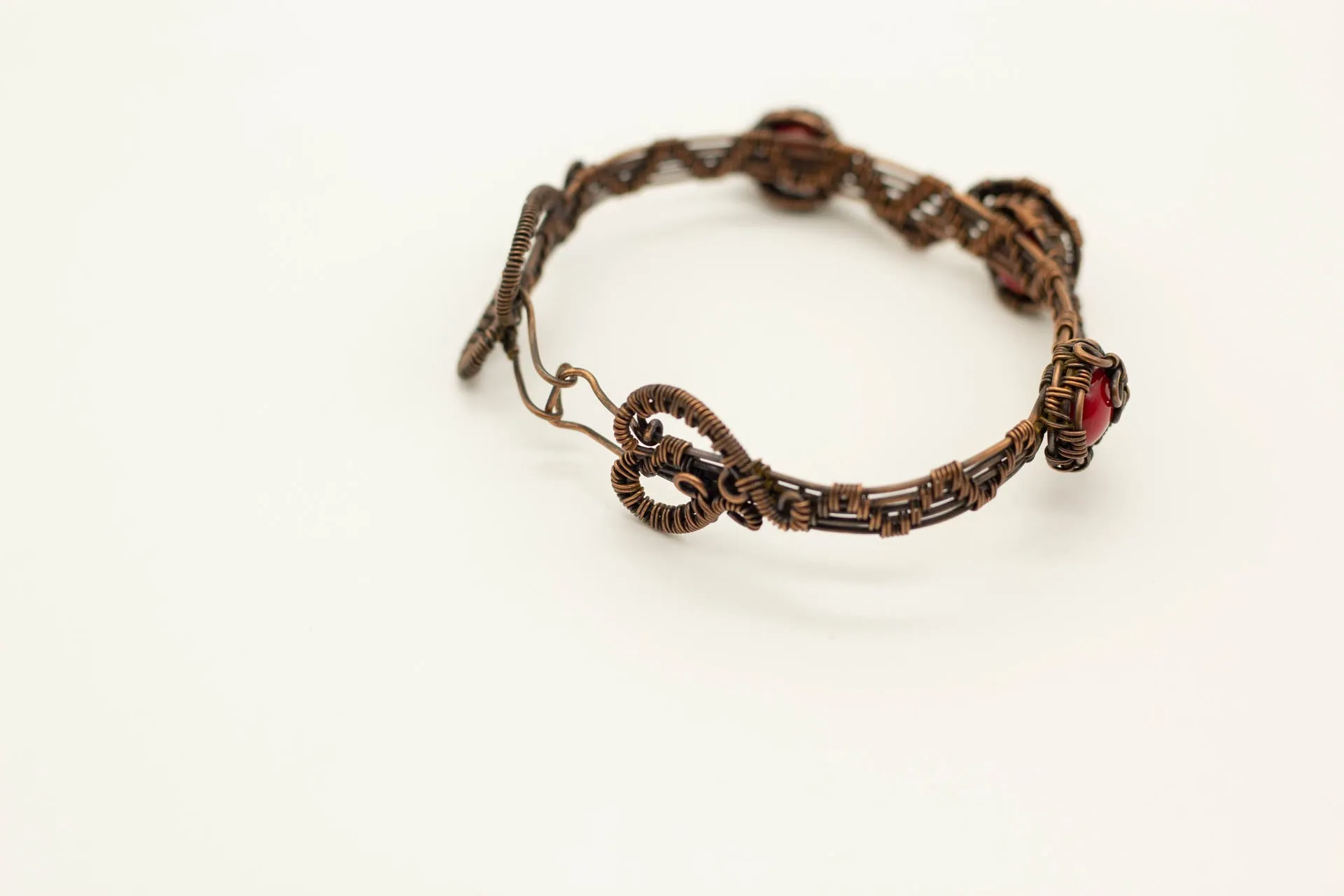 Copper Wire Wrapped Bracelet with Bright Red Fused Glass Accents