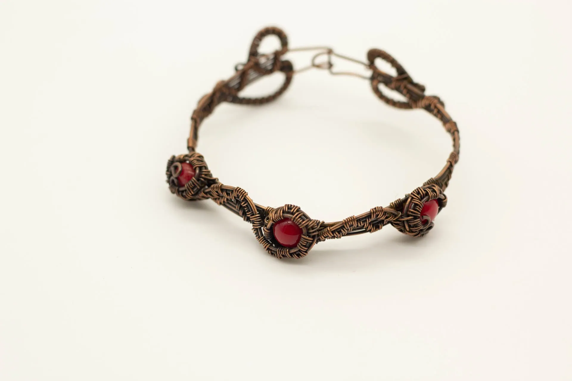 Copper Wire Wrapped Bracelet with Bright Red Fused Glass Accents