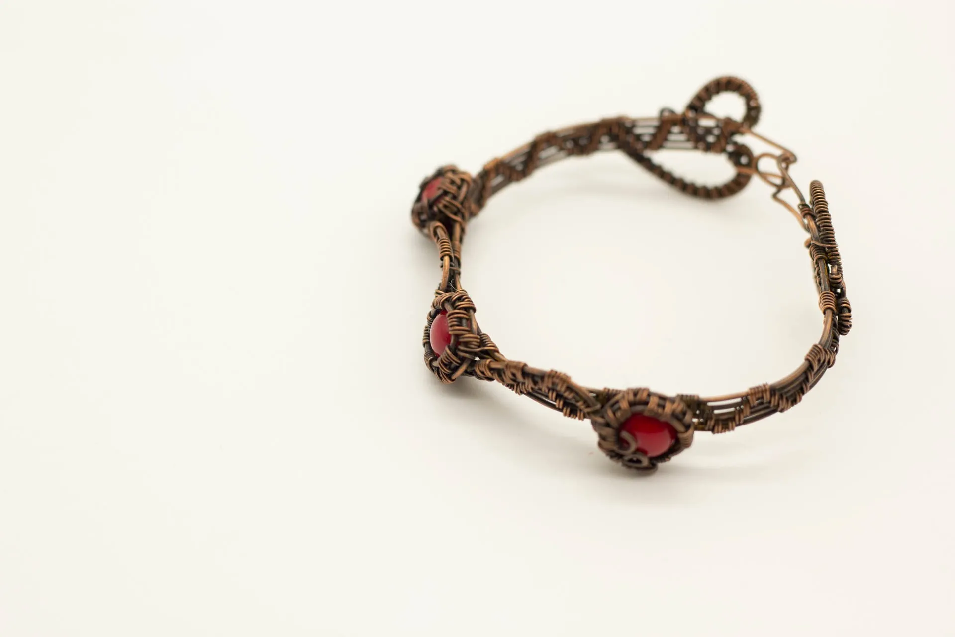 Copper Wire Wrapped Bracelet with Bright Red Fused Glass Accents