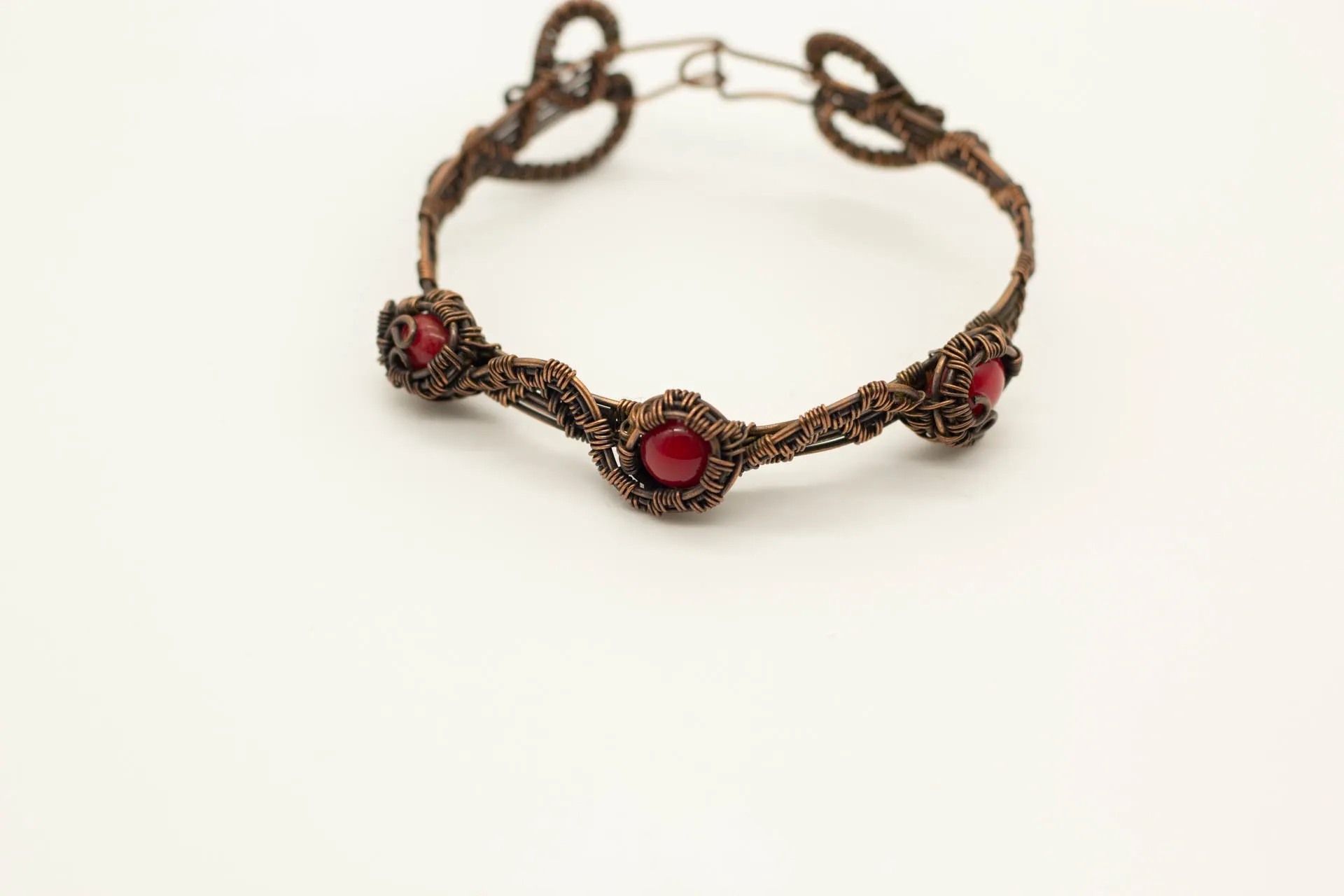 Copper Wire Wrapped Bracelet with Bright Red Fused Glass Accents