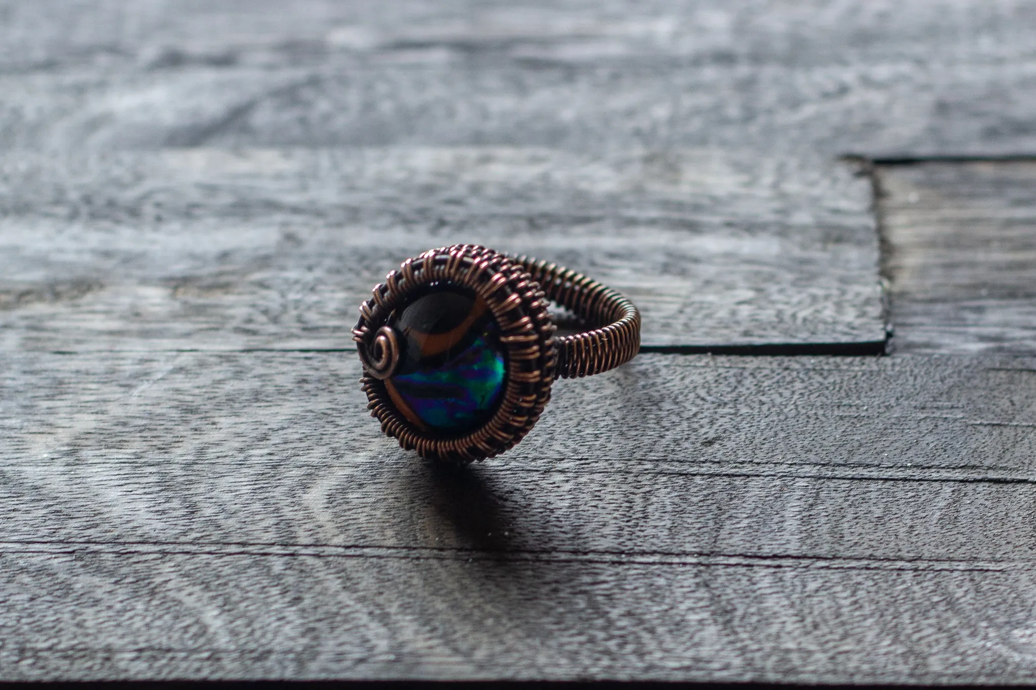 Copper Wire Wrapped Ring with Multi-colored Fused Glass Accent