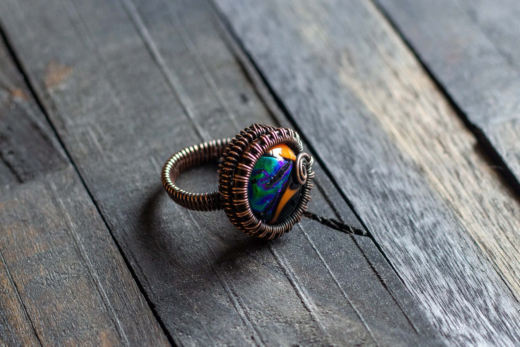 Copper Wire Wrapped Ring with Multi-colored Fused Glass Accent