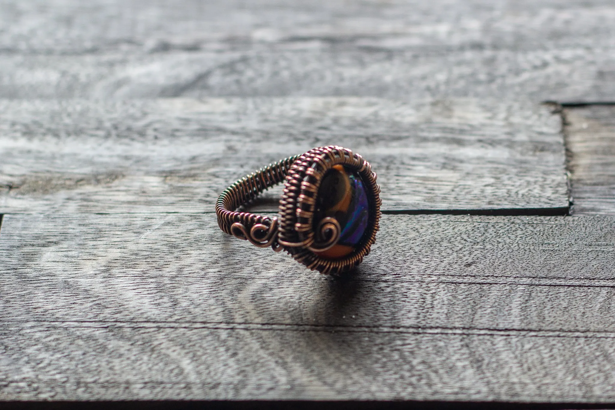 Copper Wire Wrapped Ring with Multi-colored Fused Glass Accent