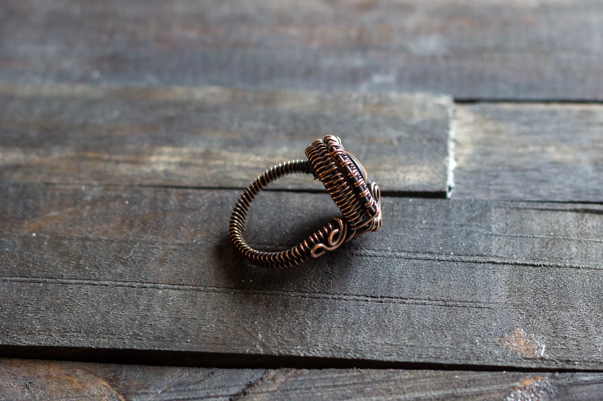 Copper Wire Wrapped Ring with Multi-colored Fused Glass Accent