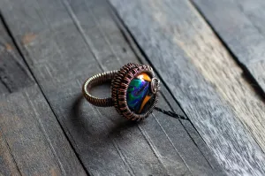 Copper Wire Wrapped Ring with Multi-colored Fused Glass Accent