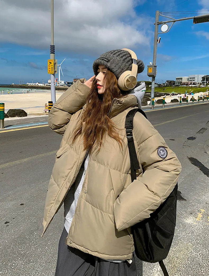 Cozy Zip Up Puffer Jacket for Women with Label Details