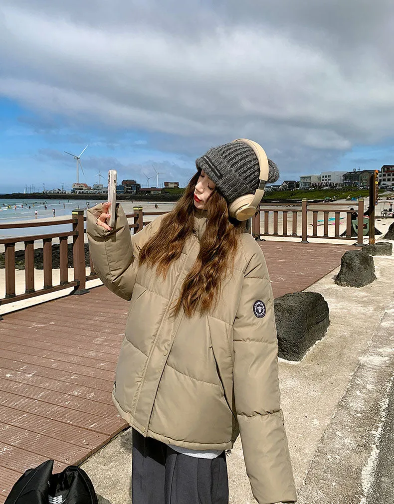 Cozy Zip Up Puffer Jacket for Women with Label Details
