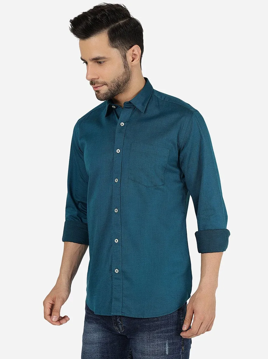 Deep Teal Solid Slim Fit Semi Casual Shirt | JadeBlue