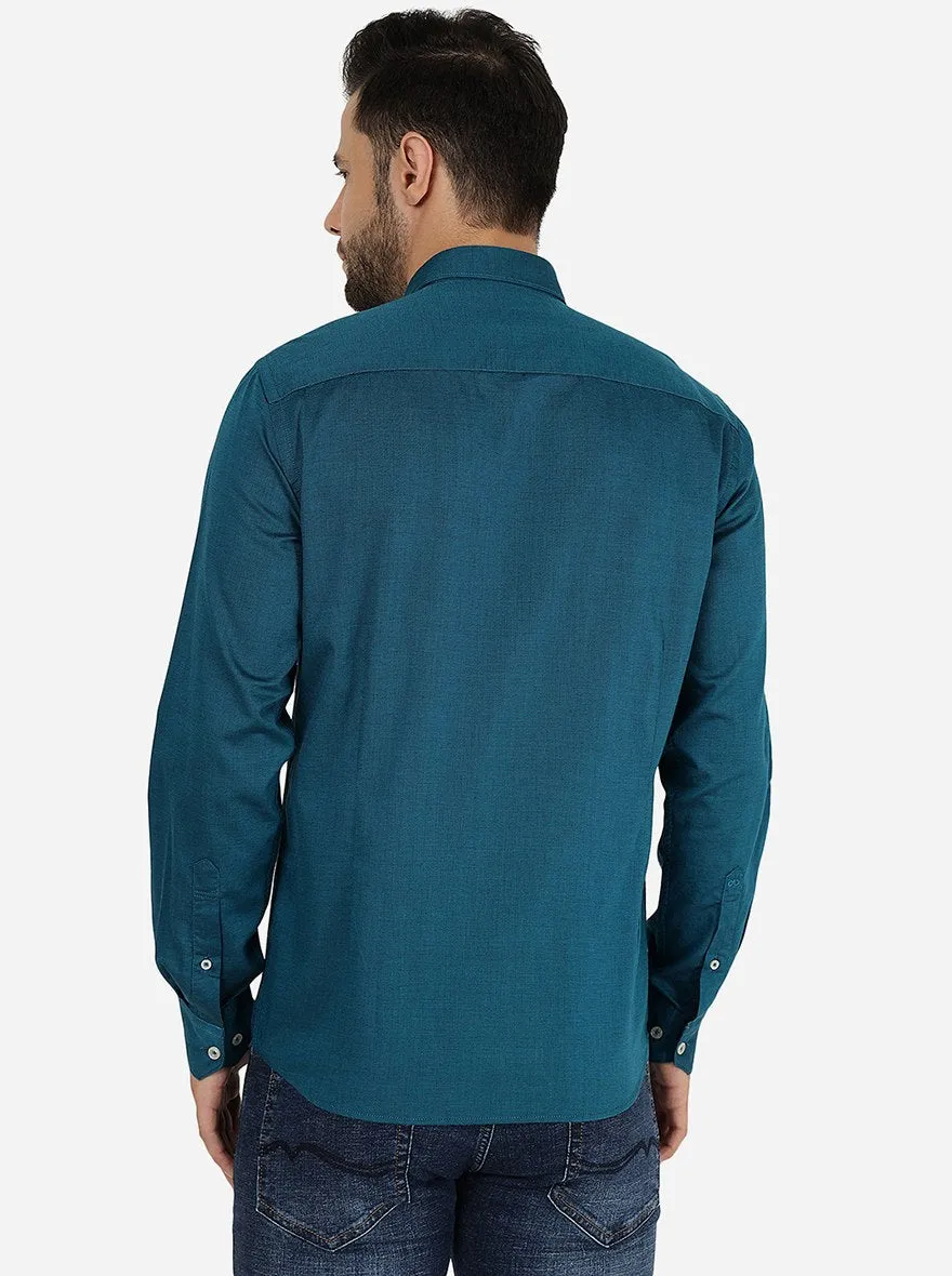 Deep Teal Solid Slim Fit Semi Casual Shirt | JadeBlue