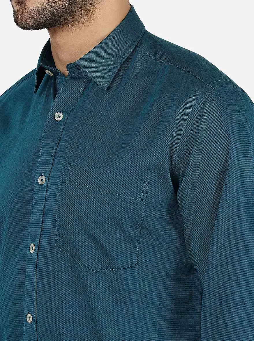Deep Teal Solid Slim Fit Semi Casual Shirt | JadeBlue