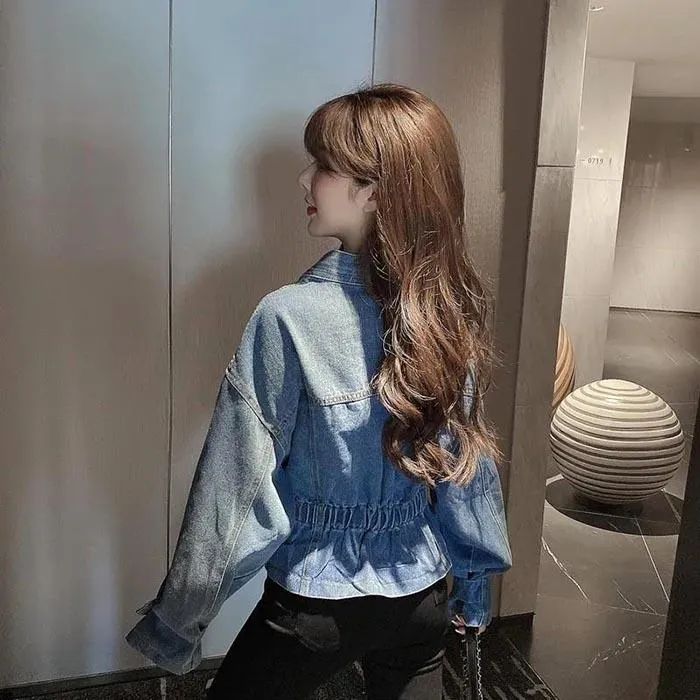 Denim Jacket Women's Spring and Autumn Loose All-match Waist Short Jacket with Diamonds
