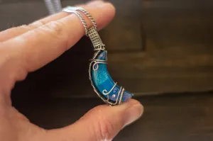 Dichroic Blue Fused Glass Crescent Moon Pendant with Sterling Silver Wire Wrapping