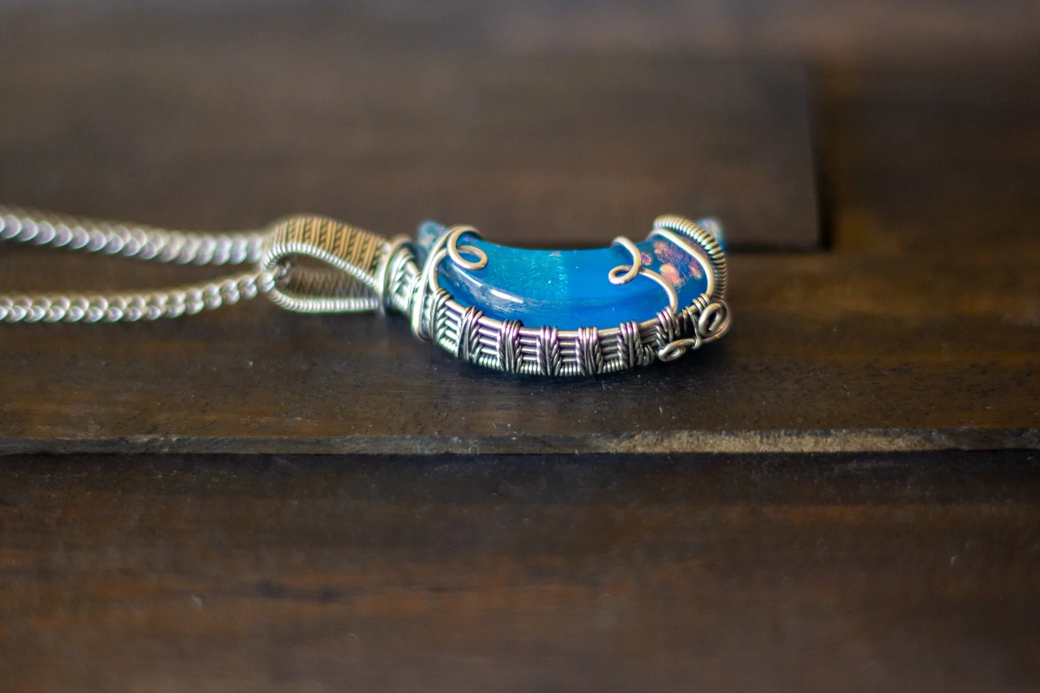 Dichroic Blue Fused Glass Crescent Moon Pendant with Sterling Silver Wire Wrapping
