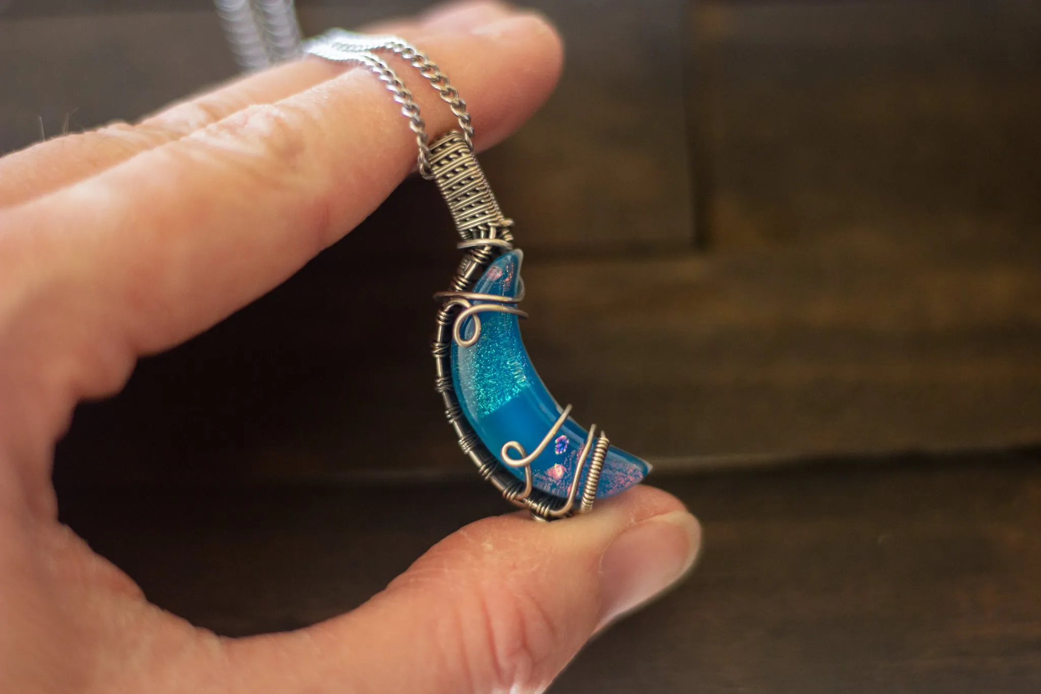 Dichroic Blue Fused Glass Crescent Moon Pendant with Sterling Silver Wire Wrapping