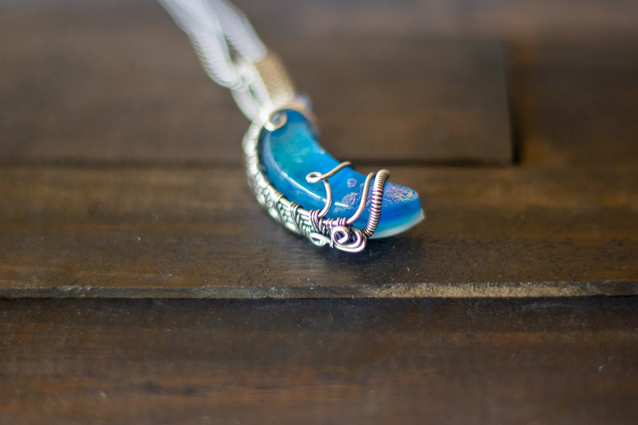 Dichroic Blue Fused Glass Crescent Moon Pendant with Sterling Silver Wire Wrapping