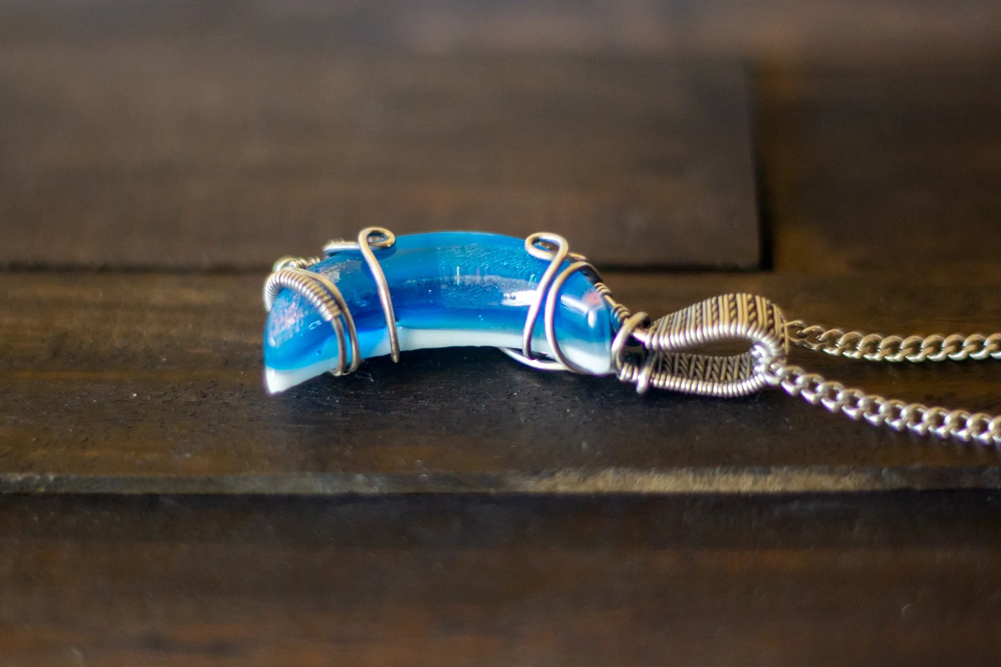 Dichroic Blue Fused Glass Crescent Moon Pendant with Sterling Silver Wire Wrapping