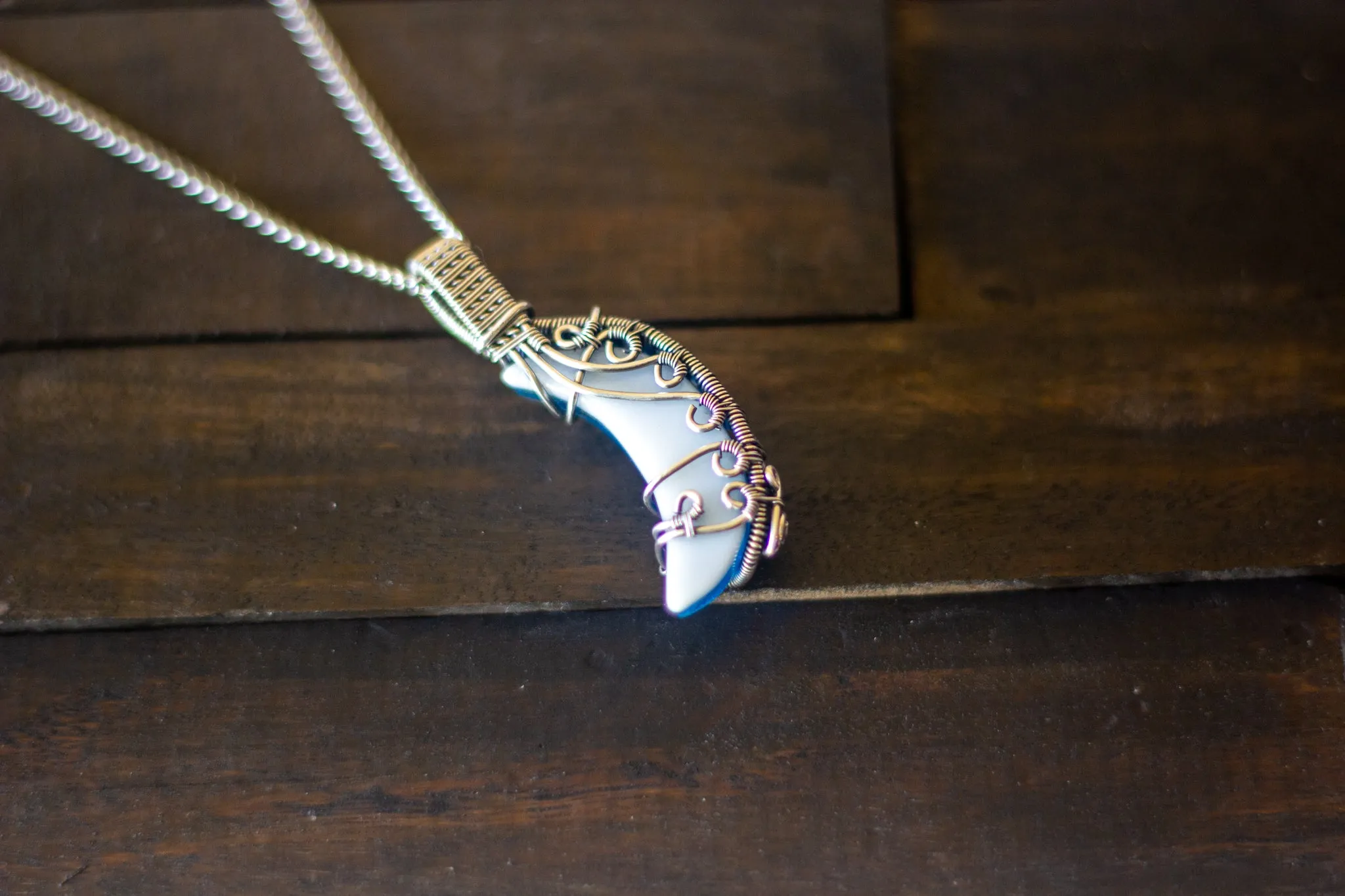 Dichroic Blue Fused Glass Crescent Moon Pendant with Sterling Silver Wire Wrapping