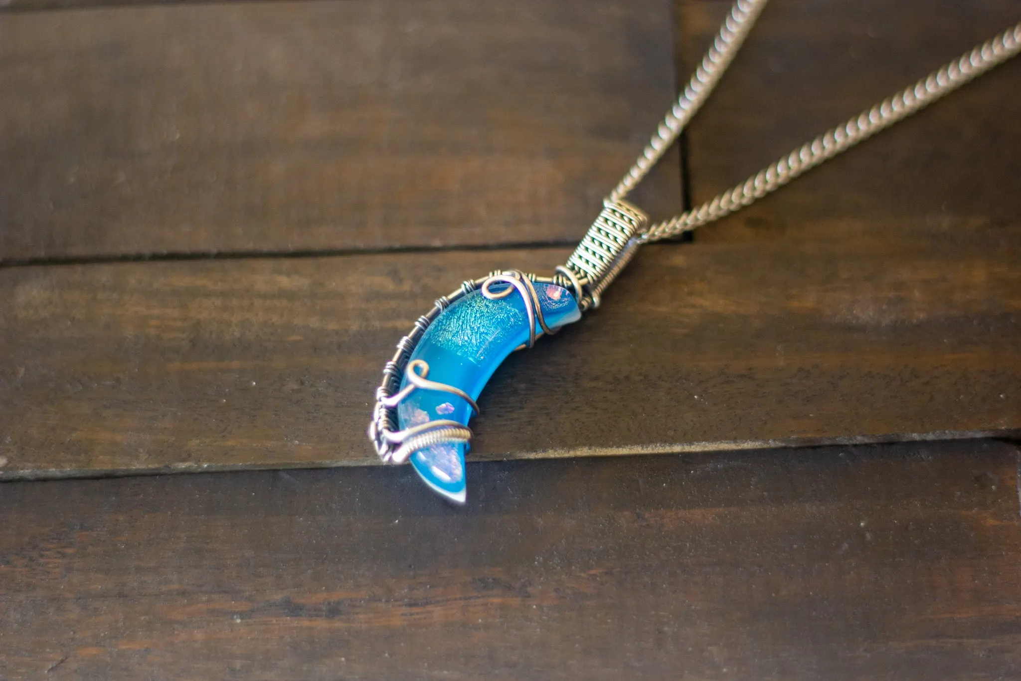 Dichroic Blue Fused Glass Crescent Moon Pendant with Sterling Silver Wire Wrapping