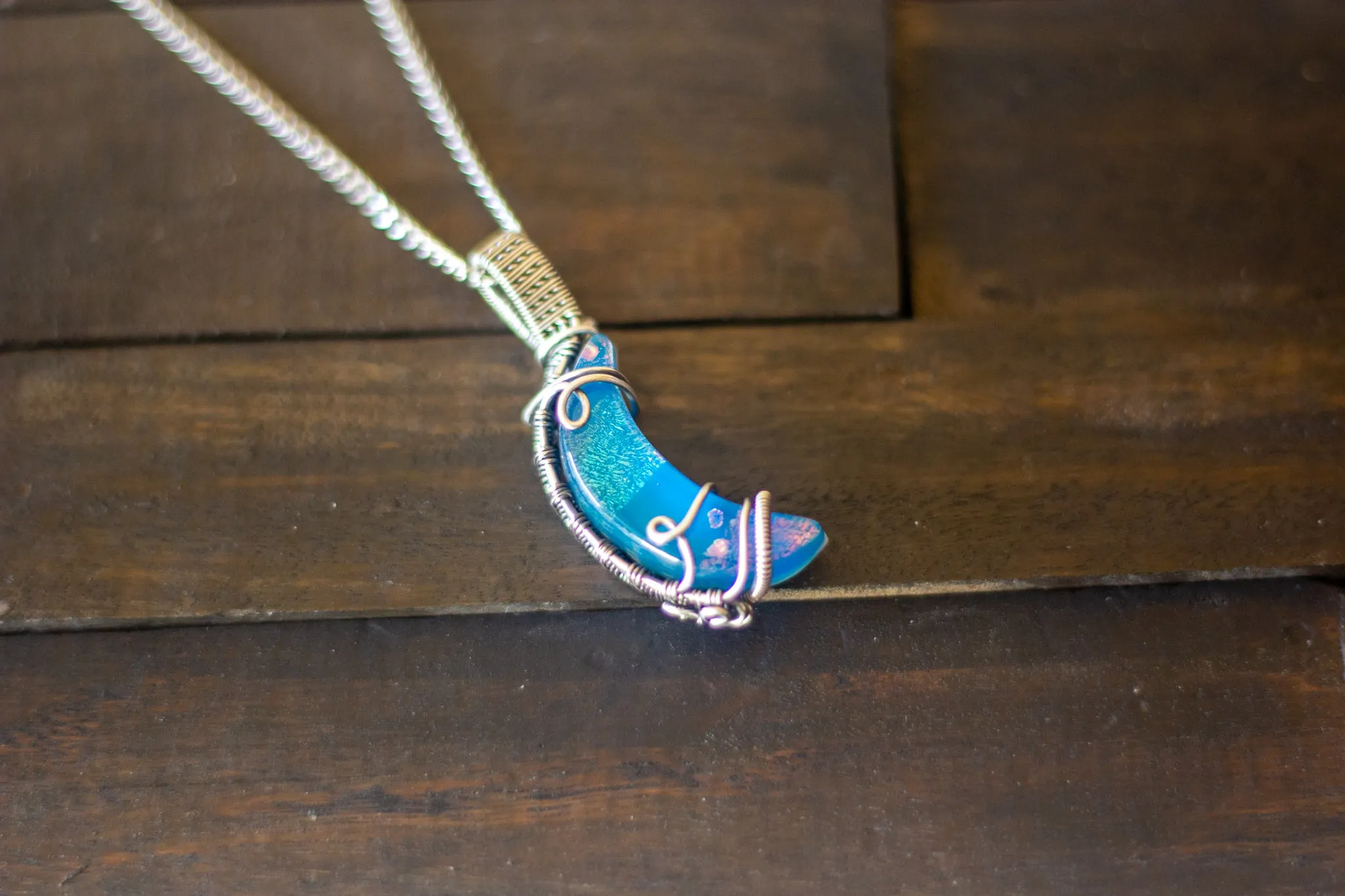 Dichroic Blue Fused Glass Crescent Moon Pendant with Sterling Silver Wire Wrapping