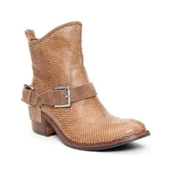 DONALD J PLINER Brown Leather Moto Snake Print Leather Boots.