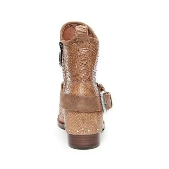 DONALD J PLINER Brown Leather Moto Snake Print Leather Boots.