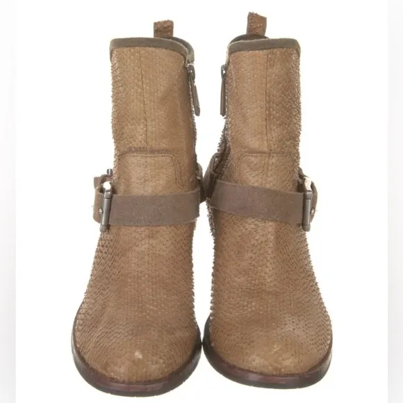 DONALD J PLINER Brown Leather Moto Snake Print Leather Boots.