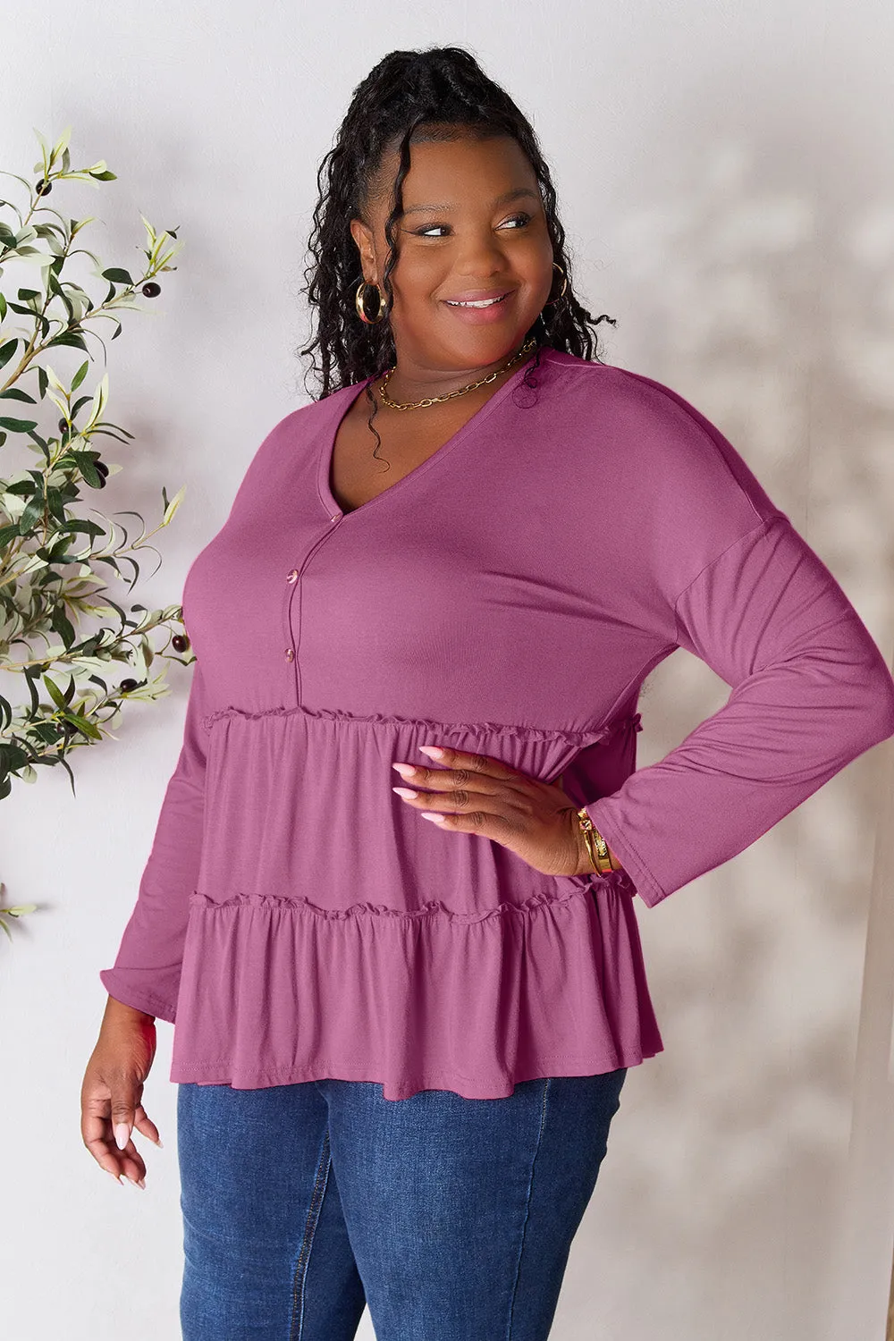 Double Take Half Button Long Sleeve Ruffle Hem Blouse (7 Colors)