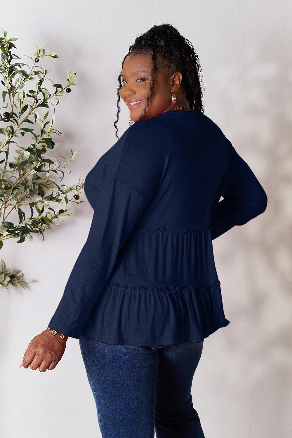 Double Take Half Button Long Sleeve Ruffle Hem Blouse (7 Colors)