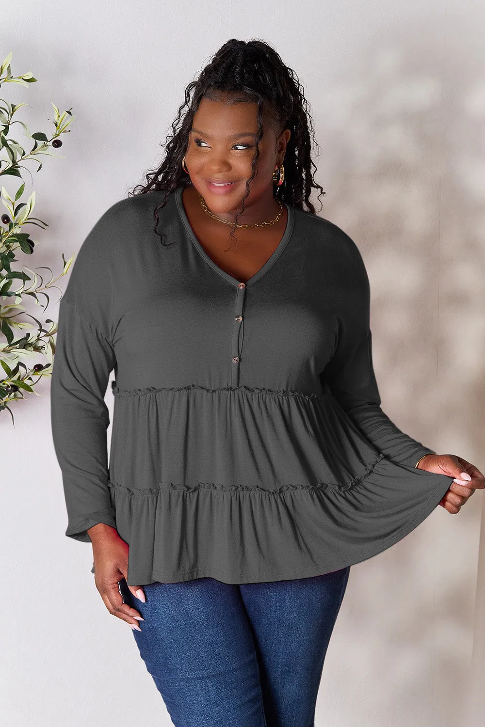 Double Take Half Button Long Sleeve Ruffle Hem Blouse (7 Colors)