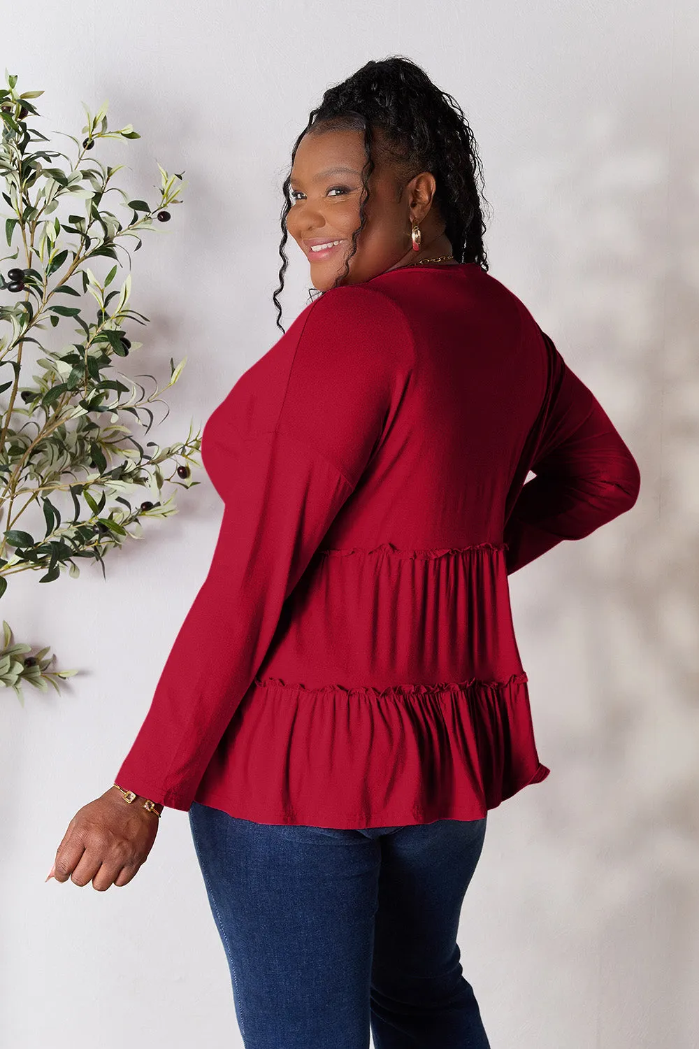 Double Take Half Button Long Sleeve Ruffle Hem Blouse (7 Colors)