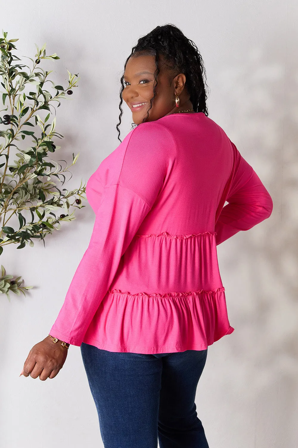Double Take Half Button Long Sleeve Ruffle Hem Blouse (7 Colors)